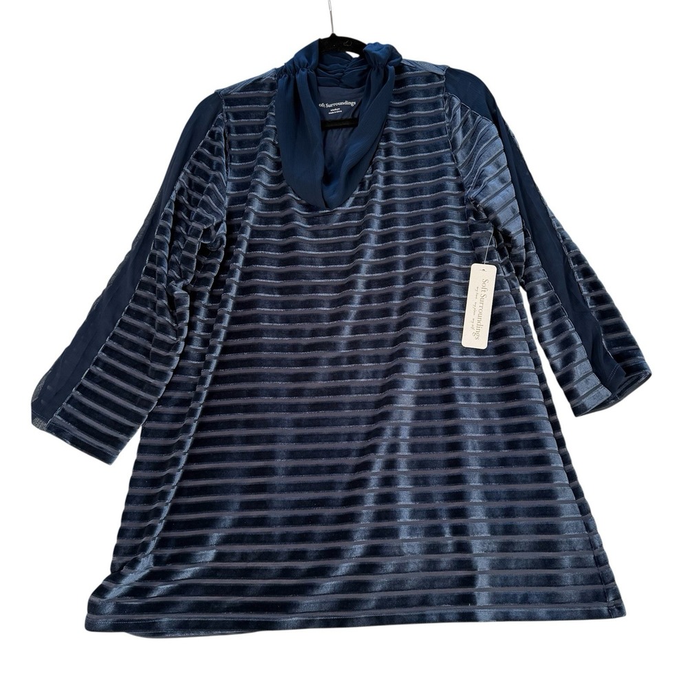 Soft Surroundings Shirt‎ Womens M  Navy Blue Meri Velvet Striped Top Lined New